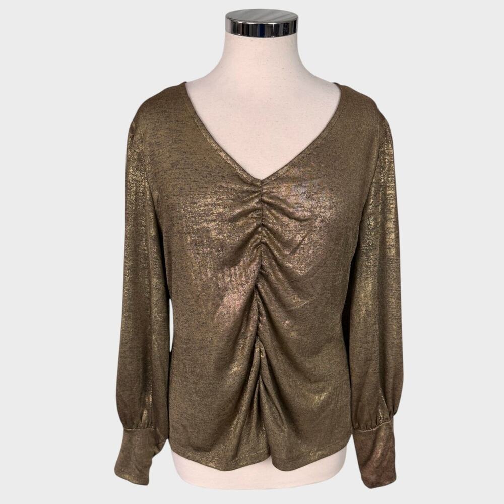 Fever Womens Large Polyester Spandex Metallic Ruched Long Sleeve Top Gold